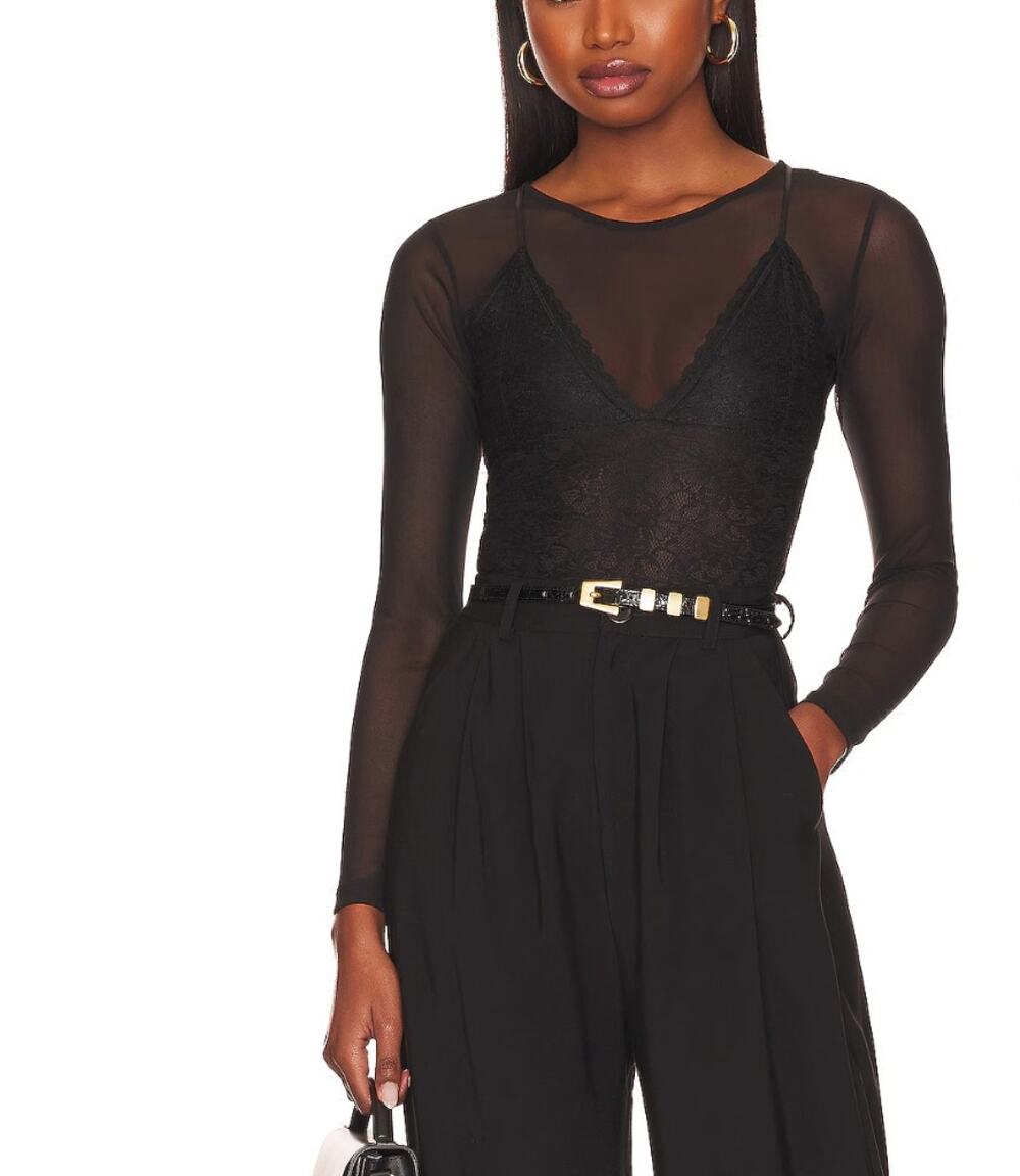 All Saints Nyla Lace Black Bodysuit Size 6 NWT Sheer Fabric Gusset Snap Closure